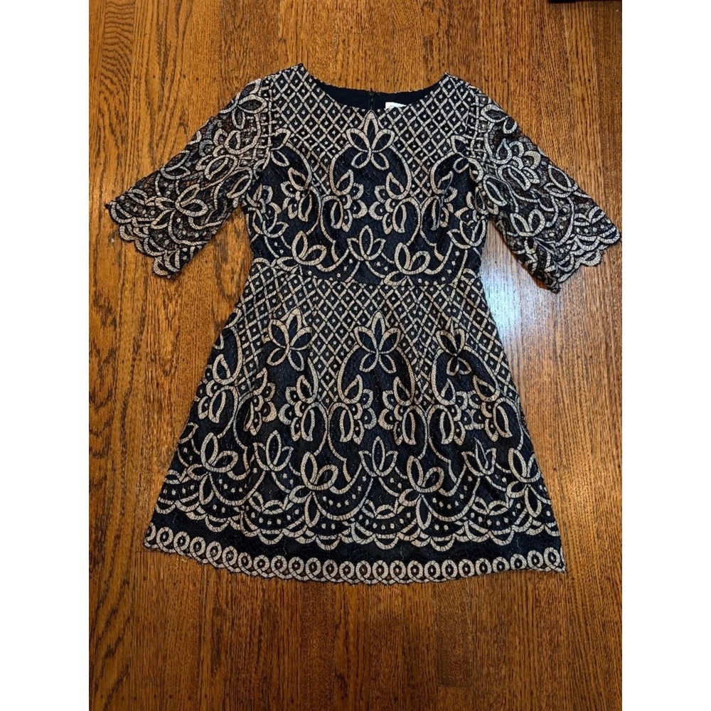 Eliza J Black Taupe Lace Fit Flare Cocktail Dress Petite 8P Holiday Party LBD